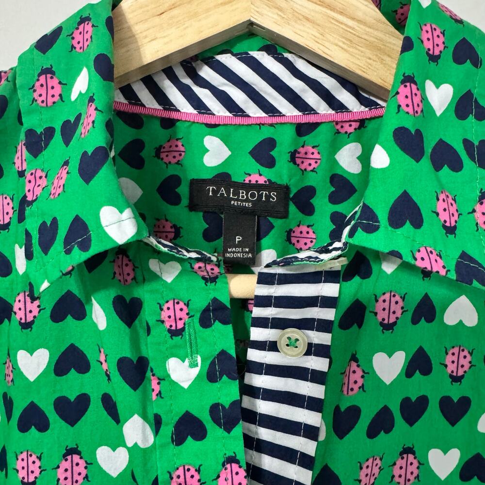 Talbots Top Size P Button Down Green Ladybug Hear… - image 2